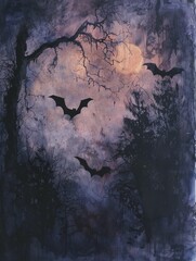 Embrace of night, silhouettes of bats against twilight, whispers of dusk in watercolor