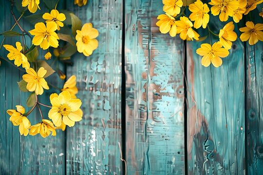 Yellow Flowers Against Blue Wood