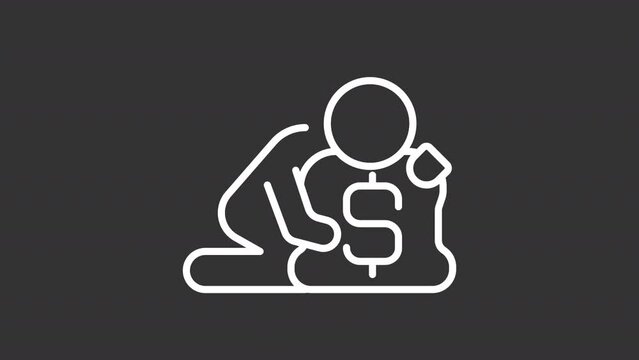 Greedy person white line animation. Selfish personality animated icon. Self centered, materialistic behaviour. Isolated illustration on dark background. Transition alpha video. Motion graphic