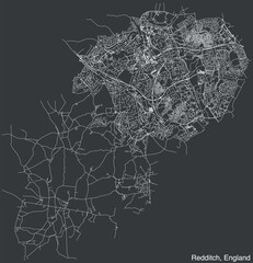Detailed hand-drawn navigational urban street roads map of the United Kingdom city township of REDDITCH, ENGLAND with vivid road lines and name tag on solid background