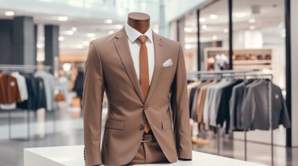 Fototapeta premium Luxurious designer suit display with copy space in upscale mall, exuding elegance and style
