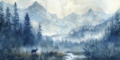 Peaks capped with snow, silhouette of grazing goat, highland serenity in watercolor - obrazy, fototapety, plakaty