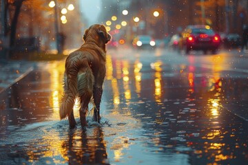 Urban showers of spring, canine silhouette dancing through water, refreshing watercolor depiction - obrazy, fototapety, plakaty