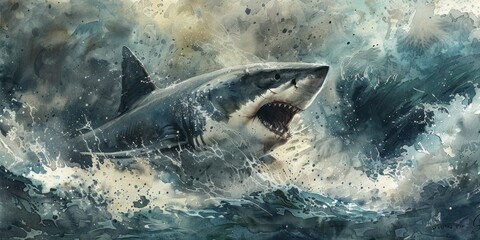 Fototapeta premium Seas in turmoil, silhouette of shark under waves, watercolor force
