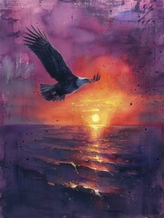 Evening cliffs scene, eagle flying silhouette, freedom depicted in watercolor