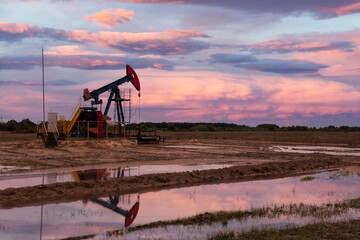 Oil industry. Oil rigs. oil pumps at sunset. Copy space.