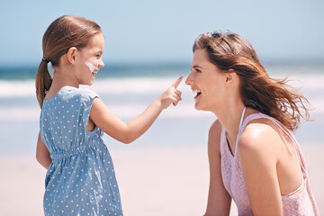 Child, mother and nose with sunscreen on beach for summer protection for healthy skin, safety or weekend. Woman, daughter and happy in Florida for bonding holiday or vacation, sunshine or outdoor
