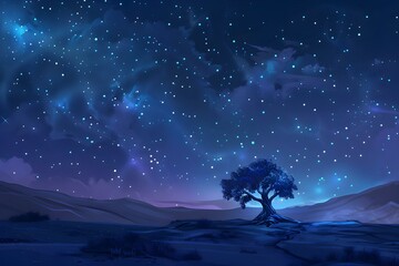 Fototapeta premium Night sky desolate landscape lonely tree shining stars peaceful solitude scene. Concept Night Sky, Desolate Landscape, Lonely Tree, Shining Stars, Peaceful Solitude