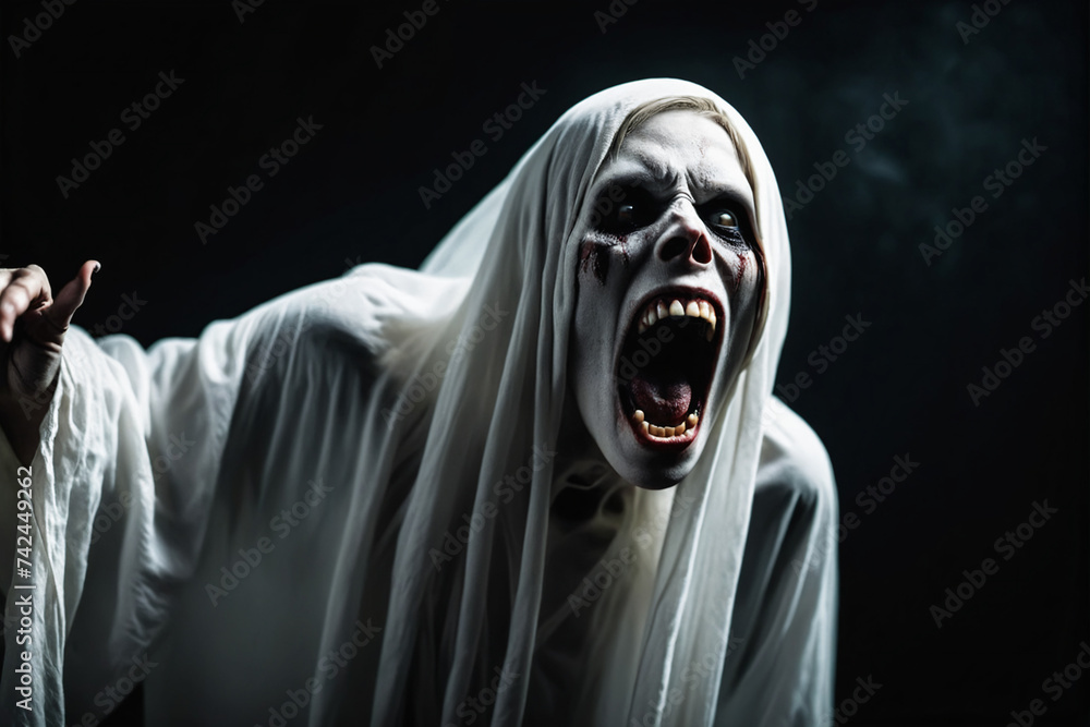 Wall mural Horror white undead creature screaming on black background