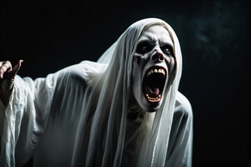 Horror white undead creature screaming on black background