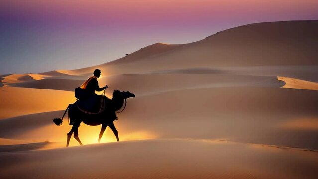 Camel herder in desert 4K motion