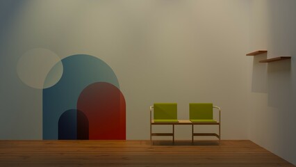 Interior of a modern living room with a wooden floor and two chairs