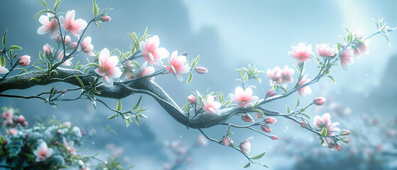 The delicate beauty of spring captured in the blossoming branches of a tree, where pink and white petals herald the arrival of warmer days - obrazy, fototapety, plakaty