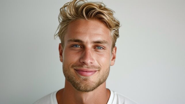 Relaxed young man with blonde hair and blue eyes, smiling in a white tee.