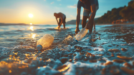 Two men collecting plastic bottles on beach at dusk by the water - obrazy, fototapety, plakaty