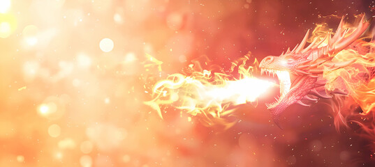 A Dragon spiting the fire, side perspective, double exposre of empty space for text or logo, blured reallistic background
