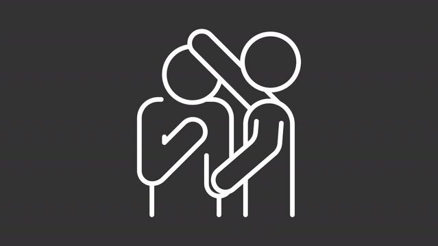 Social support white line animation. Stroking head animated icon. Mental support assistance. Companionship guidance. Isolated illustration on dark background. Transition alpha video. Motion graphic
