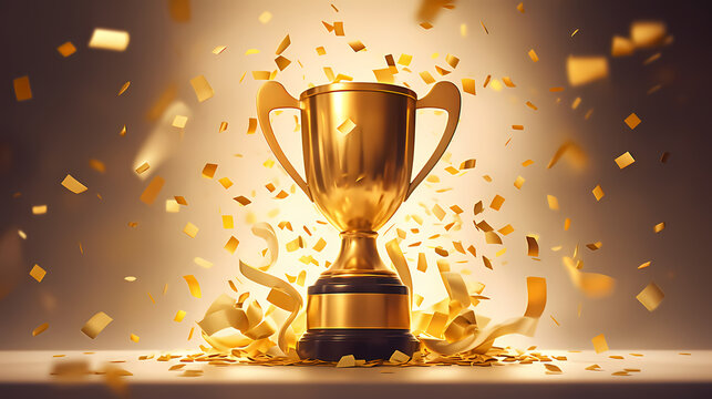 Golden trophy winner cup with blurred background and copy space