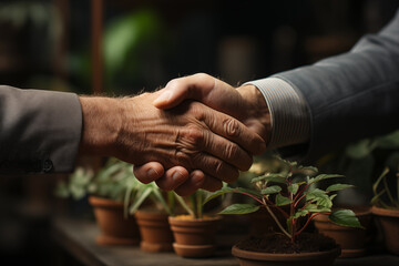 Two adult men shake hands after closing a mutually beneficial agreement. Background with plants from a greenhouse - obrazy, fototapety, plakaty