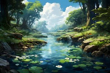 Fantasy Green Forest with Small River. Serene and Lush Forest Scene