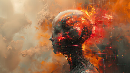 Digital illustration of a robot head in abstract background with fire and smoke