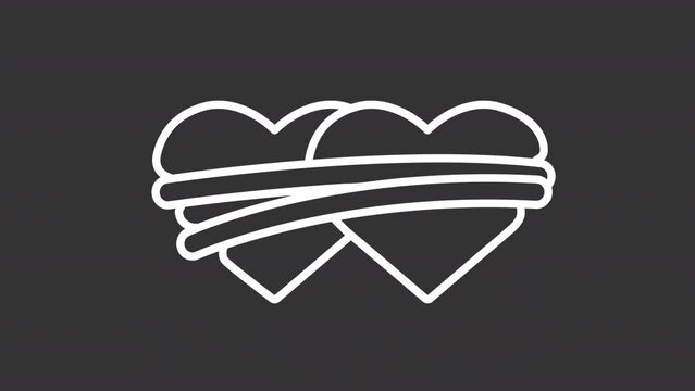 Tied up hearts white line animation. Codependent relationship animated icon. Community mental compassion. Isolated illustration on dark background. Transition alpha video. Motion graphic