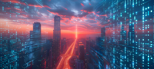 A futuristic cityscape at dusk, illuminated by holographic projections, holographic technology concept 8K,