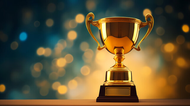 Golden trophy winner cup with blurred background and copy space