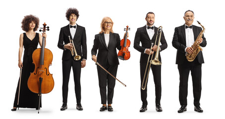 Gruop of male and female musicians with instruments, cello, violin, trumpet, sax and trombone