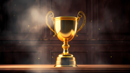 Golden trophy winner cup with blurred background and copy space
