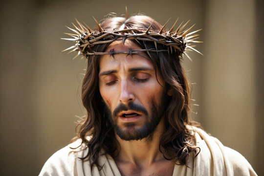 Jesus wearing crown of spike thorns, depicting suffering for the human kind , religion and Christianity concept