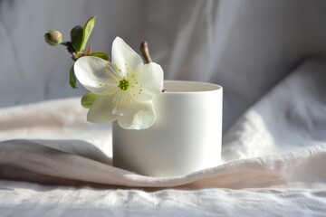 Obraz na płótnie Canvas white flower, delicate and pure, rests in a white cup on a simple table, creating a composition of quiet beauty