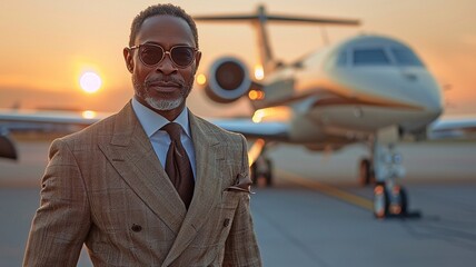 A businessman is standing close to a private plane.