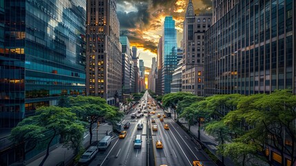 Bustling City Street With Tall Buildings