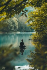 Tranquil scene of a person meditating by a serene lake, surrounded by lush greenery, embodying peace and healing.
