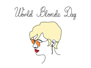 World Blonde Day.Abstract blonde girl with glasses.continuous single line art hand drawing sketch