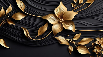 black and gold wavy background with gold abstract motifs, black and gold and white floral pattern,  enchanting floral shapes and luxurious black silk texture