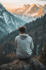 Young adult sitting on a rock, gazing thoughtfully at a mountain range, portraying self-reflection and healing.