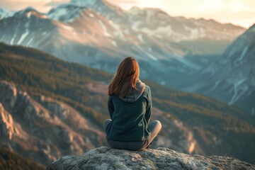 Young adult sitting on a rock, gazing thoughtfully at a mountain range, portraying self-reflection...