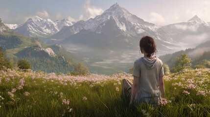 Fototapeta premium A girl sits in nature and watches the mountains 