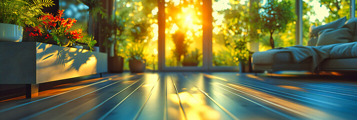 Sunny wooden table in a green park, creating a perfect outdoor setting for product displays or a summer picnic backdrop - obrazy, fototapety, plakaty