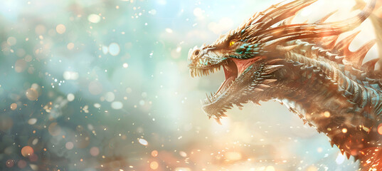 A huge Dragon roaring, side perspective, empty space for text or logo, blured reallistic background