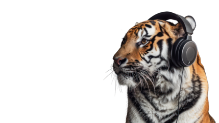 A Tiger wearing headphone isolated on transparent background