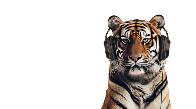 A Tiger wearing headphone isolated on transparent background