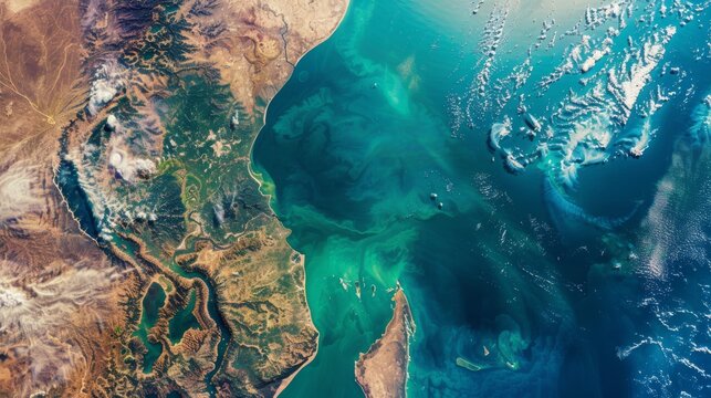 A satellite view captures the vibrant interplay of land and sea, showcasing nature's artistry on Earth's surface.