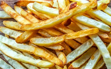 Delicious hot and crispy fried potatoes. Fast food and restaurant products. Yummy golden french fries as background.