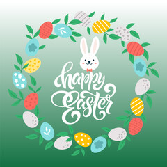 Colorful Happy Easter with eggs,  rabbit, bunny and text. Modern minimal style. Trendy Easter design with typography. For poster, greeting card, header for website. 