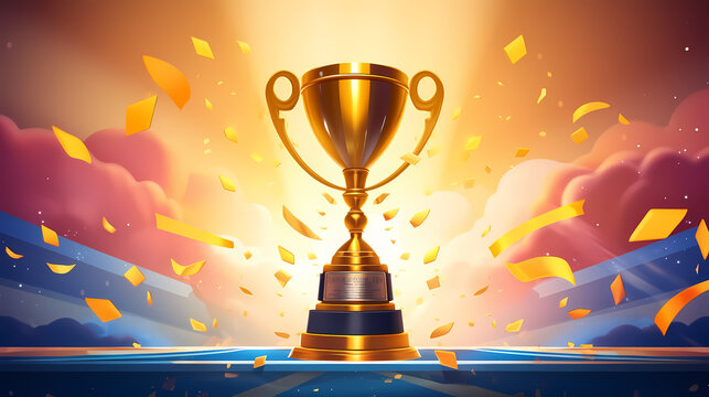 Golden trophy winner cup with blurred background and copy space