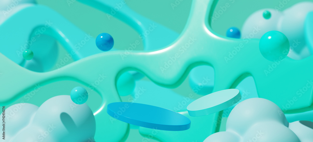 Poster 3d abstract fluid background for product presentation. floating podium stand on green background. cl