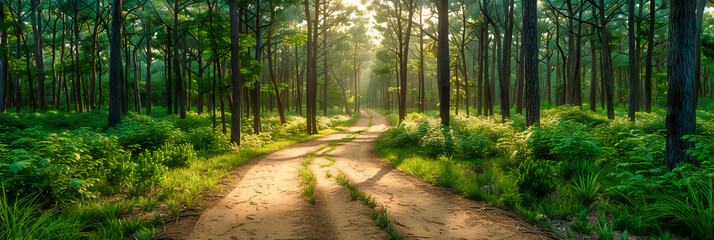 Sunlight filtering through the trees on a forest road, evoking a serene and scenic landscape filled with the warmth of summer